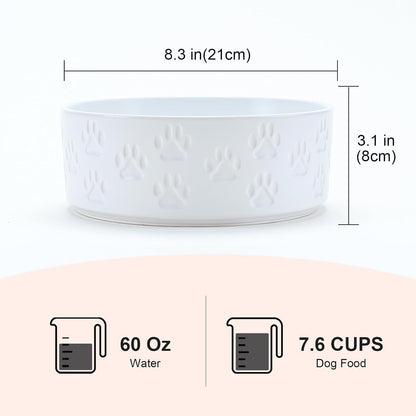 SPUNKYJUNKY Ceramic Dog Bowls 2 Pack, 8.3'' Dog Food Water Double Feeding Bowls Non-Slip for Medium to Large Sized Breed Microwave Dishwasher Safe - 60 OZ, 2pcs, Paw White