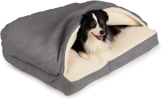 Snoozer Rectangle Cozy Cave Dog Bed - Indoor Dog Bed with Cover Cave, Covered Calming Burrow for Medium & Large Sized Pets with Blanket Attached, Enclosed, Washable - Large, Heather Gray