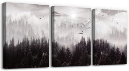 Framed Canvas Art - Boho Wall Decor Set of 3: Foggy Forest Trees Scenery for Living Room, Bedroom, Office, Farmhouse, Home Decoration