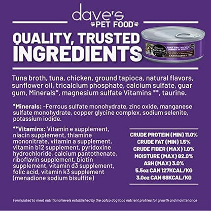 Dave's Pet Food Grain Free Wet Cat Food Gravy (Tuna & Chicken Dinner in Gravy), Naturally Healthy Canned, Added Vitamins, 5.5 oz Cans (24 Pack)