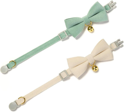 2 Pack Soft Corduroy Cat Collars with Bow Tie & Bell, Adjustable Breakaway Cotton Kitty Bowtie Collar for Female Male Cats(White & Grass Green)