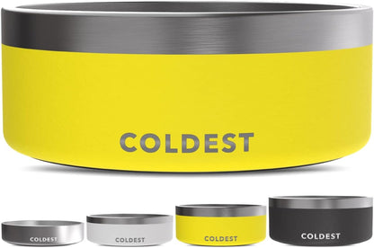 Coldest Dog Bowl - Anti Rust Metal, Non Slip, 3 Layers Insulated Stainless Steel Dog Bowls - Spill Proof & Heavy Duty - Water Bowl for Dogs, Cats & Pets, Dish Washer Safe (64 oz, Solar Yellow)