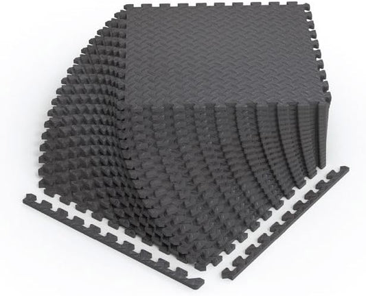 Norsk Foam Floor Gym Mats with Interlocking Tiles, .47" Thick, 24"x24", 24-Pack, 96 Square Feet, Diamond Plate Design, Grey