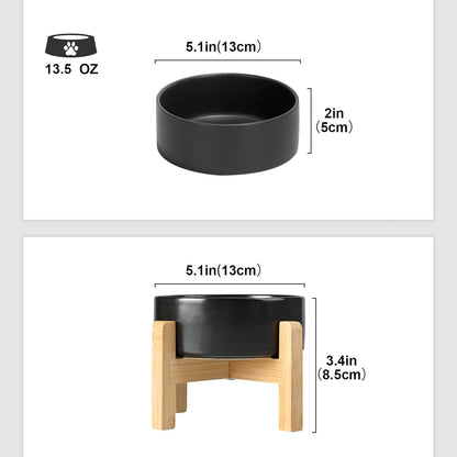 SPUNKYJUNKY Ceramic Elevated Dog Bowls 2 Pack - 5.1inch Raised Dog Bowls with Non-Slip Wooden Stand for Small Dogs Dishwasher Safe(Black,13.5OZ*2)