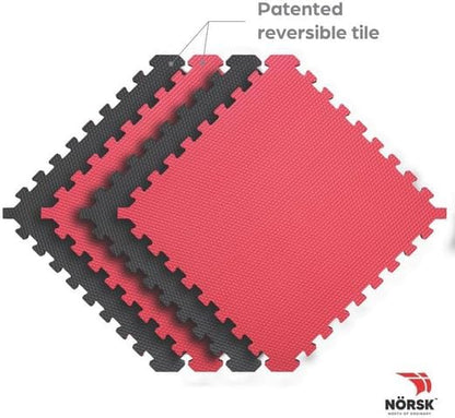Norsk Reversible Gym Exercise Mats 3/4" Thick EVA Interlocking Foam Tiles, Perfect Home Gym Flooring, 32 Tiles & 64 Trim Pieces, 128 Sq. Ft. Reversible, Red/Black