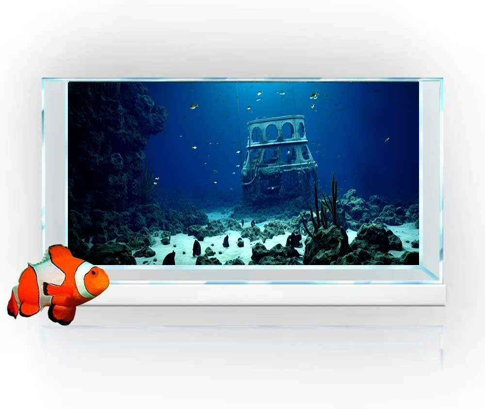 36X18IN Natural Underwater Aquarium Background, Pictures 3D Fish Reef Fish Tank Decoration Background, with 8 EVA Double-Sided Tape