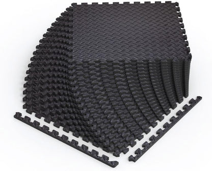 Norsk Foam Floor Gym Mats with Interlocking Tiles, .47" Thick, 24"x24", 48-Pack, 192 Square Feet, Diamond Plate Design, Black