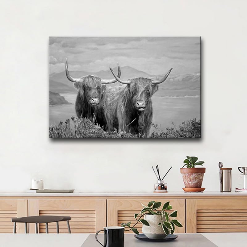 Wall Art for Living Room Highland Cow Wildlife Portrait Canvas Picture Black and White Animal Print Painting Scottish Farmhouse Artwork for Bathroom Bedroom Office Decor 24"x36"
