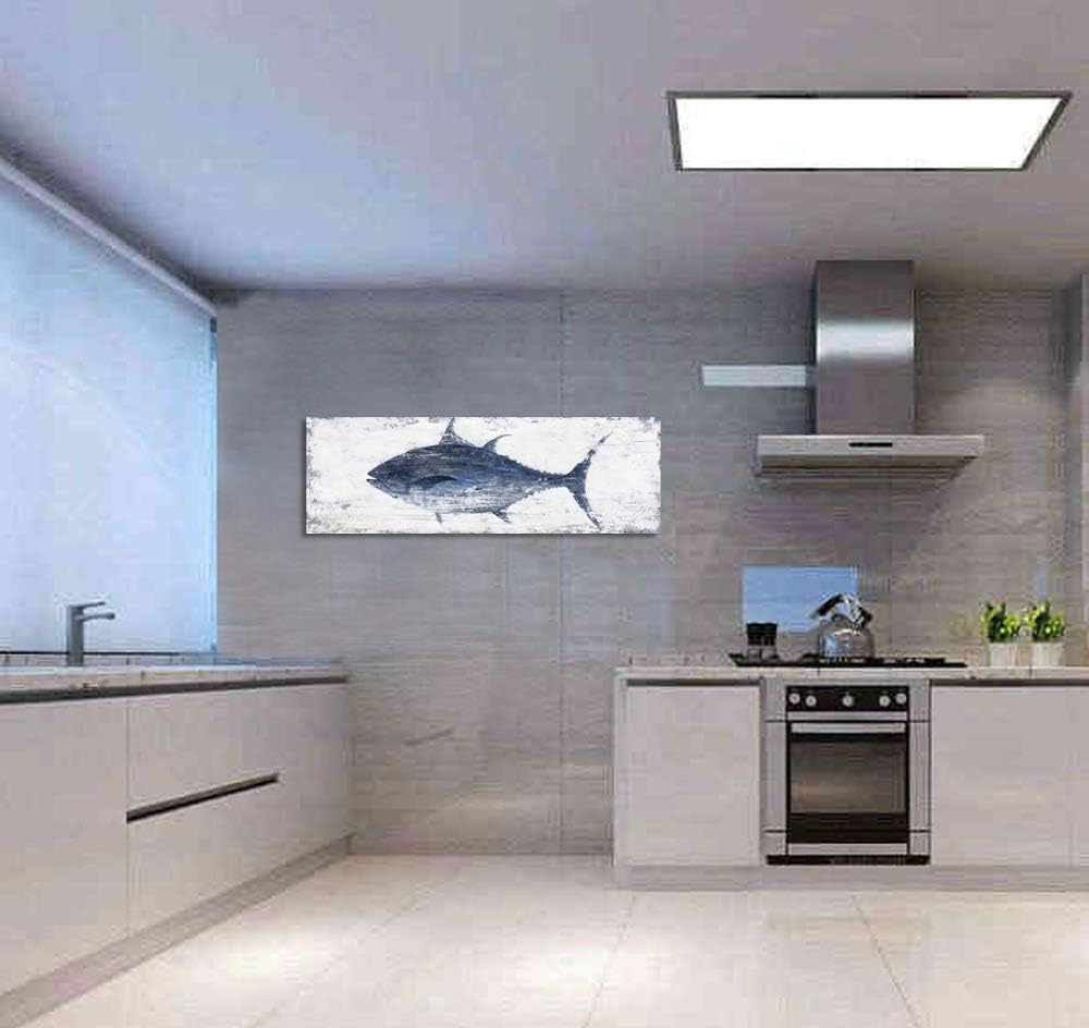 Yihui Arts Canvas Wall Art Hand Painted Abstract Tuna Fish Painting Modern Artwork Coastal Pictures in Blue and White Color for Bedroom Decoration