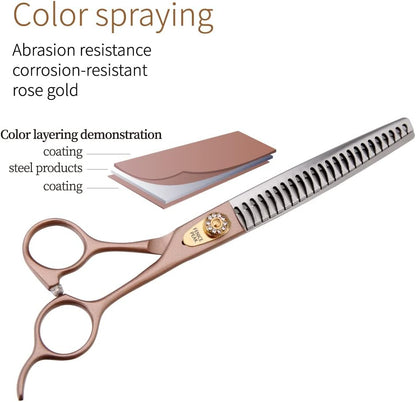 Fenice Peak 7‘’ Professional Dog Grooming Scissors Set Rose Gold 440C Stainless Steel Straight Thinning Curved Chunker Shears 4pcs Set for Pet Grooming Services Dogs and Cats
