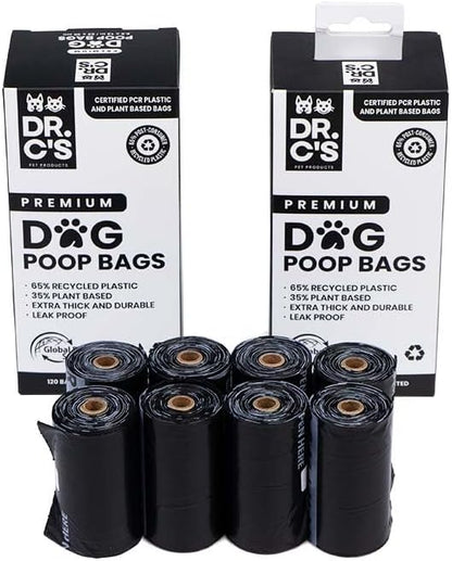 Certified 65% PCR (Post Consumer Recycled) Plastic and 35% Plant Based Dog Poop Bags - Dr. C's Premium Dog Poop Bags - 120 Bags / 8 Rolls, Extra thick, Leak Proof, Unscented, Earth Friendly
