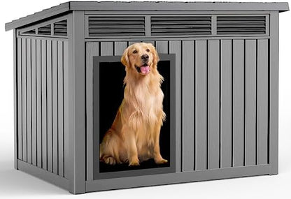 Dog House Indoor Outdoor,Resin Waterproof Puppy Shelter with Air Vents and Elevated Floor,Air Rod on Top to Open,Dog Kennel for Small to Large Dogs(Grey,42.87 * 32.95 * 31.61)