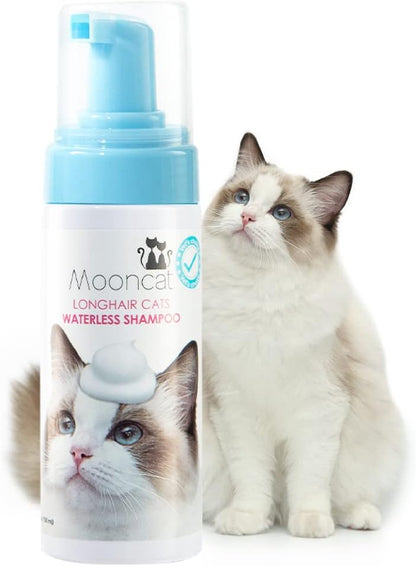 Mooncat Waterless Cat Shampoo for Longhair Cats | Licking Safe No-Rinse Dry Foam Bath for Detangling Matted Fur | Gentle Formula for Kittens & Sensitive Skin, pH Balanced - 5oz