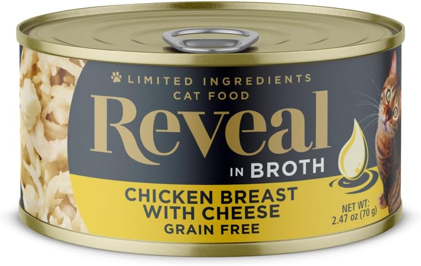 Reveal Natural Wet Cat Food, 24 Count, Grain Free, Limited Ingredient Canned Food for Cats, Chicken Breast with Cheese in Broth, 2.47 oz Cans
