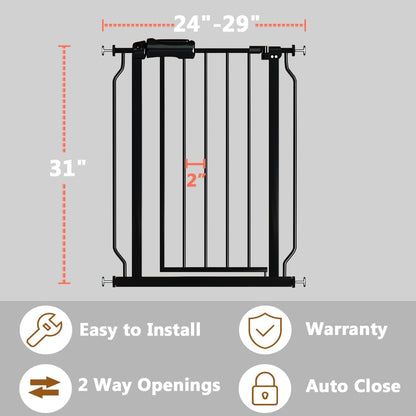Narrow Baby Gate for Doorways Stairs, 24-29" Wide Pressure Mounted Walk Through Metal Auto Close Safety Child Gatesfor Kids or Pets, Black