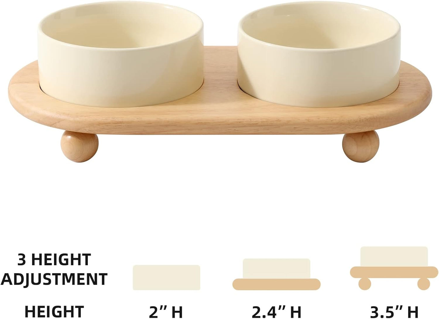 Ceramic Elevated Cat Food and Water Bowl, Kitty Bowl, Raised Cat Dish, Pet Feeder (5.1 in, 2 x Beige + Stand)