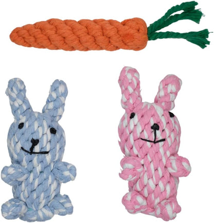 HILLBERRY Dog Rope Chew Toy Cotton Pink and Blue Rabbits and Carrot Bundle Set for Teething Puppy, Small, Miniature and Toy Breed Cute Pet Play Essentials