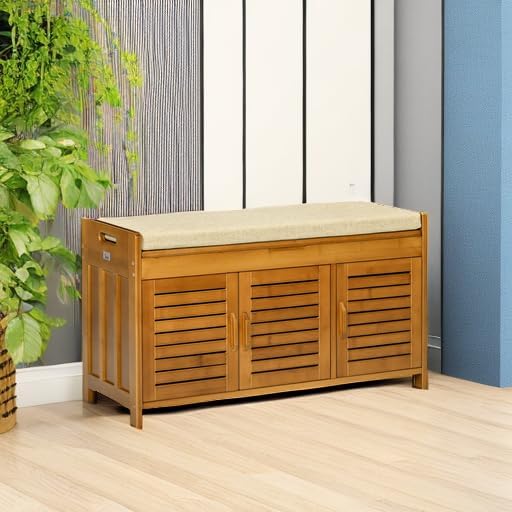 Shoe Bench with Storage Cabinets, Bamboo Entryway Bench with Seating Cushion, 3 Doors and Hidden Compartment for Hallway, Brown