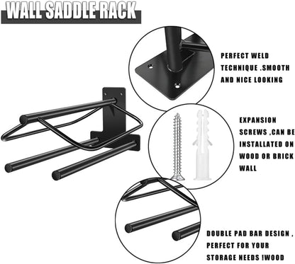 4 Sets Wall Mounted Saddle Rack With Double Pad Bar - Heavy Duty Stand for English and Western Saddles - 23.8x12.6x7.5 Inches