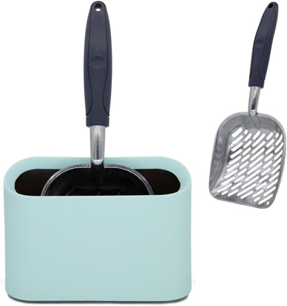 Aluminum Cat Litter Scoop in Holder, Non-Stick Cat Poop Scooper with Holder, Fast Sifting Kitten Poop Lifter and Caddy (Blue)