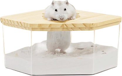 Hamster Sand Bath Box Container, Small Pet Sandbox Lid Design Wooden Sandbox Dust Bath, Transparent Bathroom & Digging Box Acrylic Syrian Hamster Litter Box Small Animal Accessories (D Large)