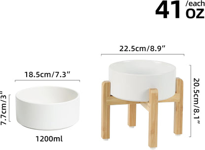 Ceramic Raised Dog Bowl Set, Elevated with Stand, Food and Water Bowl for Medium Breed Dogs, Weighted Dog Dishes, Pet Bowl(7.3'',41OZ, White)