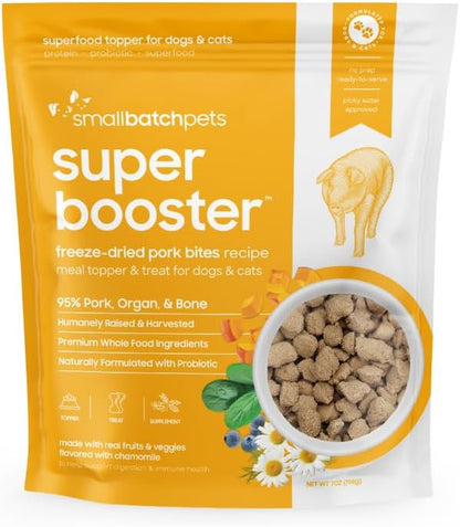smallbatch Freeze Dried Dog Treats, Superfood Food Topper Pork Bites for Dogs & Cats, Probiotics, Organic Ingredients, High Protein, Grain Free Healthy Treat & Food Topper, Made in The USA, 7 oz Bag