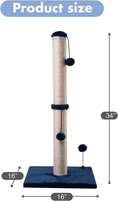 MECOOL 34“ Tall Cat Scratching Post Premium Basics Kitten Scratcher Sisal Scratch Posts Trees with Hanging Ball for Indoor Cats, Navy