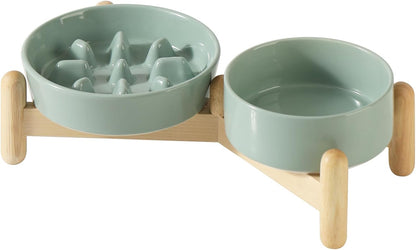 Ceramic Raised Slow Feeder Dog Bowl Set, Elevated 5.1inch Bowl and 6.1inch Slow Pet Food Dish with Wooden Stand for Small Dog and Cat (2 x Light Green+ Stand)