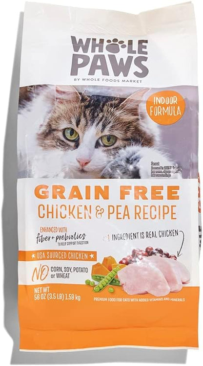 Whole Paws, Grain-Free Dry Cat Food, Chicken & Pea Recipe, Enhanced with Fiber & Prebiotics, Indoor Formula, 3.5 lb