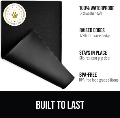 GORILLA GRIP 100% Waterproof Raised Edge BPA Free Silicone Pet Feeding Mat, Dog Cat Food Mats Contain Spills Protects Floors, Placemats for Cats and Dogs Water Bowl, Pets Accessories 28x18 Black