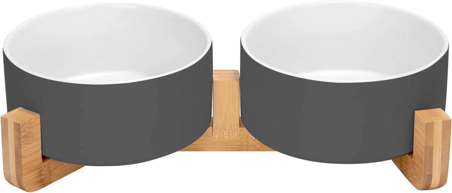 SPUNKYJUNKY Ceramic Dog and Cat Bowl Set with Wooden Stand, Modern Cute Weighted Food Water Set for Small Size Dogs (13.5OZ) & Medium Sized Dogs (28.7OZ) & Cats (3.6 Cups, 2 × White-Grey)