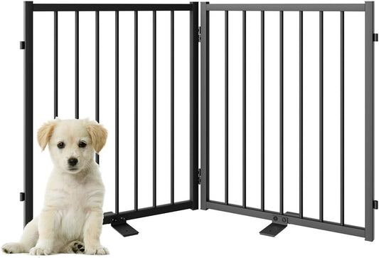 Full Metal Freestanding Dog Gate with Door, 24'' Height Foldable Pet Dog Fence for Indoor & Outdoor, 2 Panels Extra Wide Free Standing SmallDog Gates for Doorways,House,Stairs,Porch,Deck,Yard