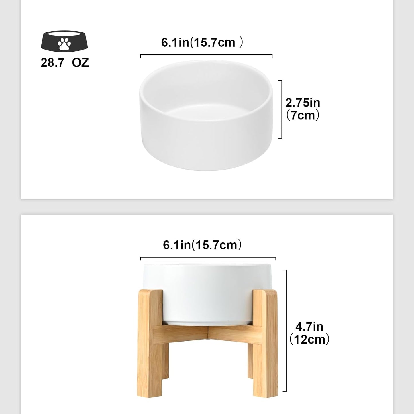 SPUNKYJUNKY Ceramic Elevated Dog Bowls 2 Pack - 6.1inch Raised Dog Bowls with Non-Slip Wooden Stand for Medium Dogs Dishwasher Safe(White,28.7OZ*2)