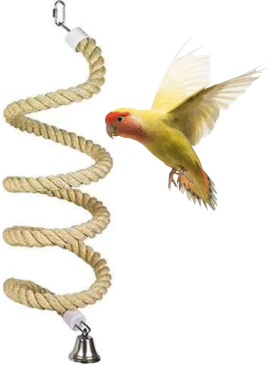 Bird Spiral Rope Perch, Hemp Rope Swing Perch, Cage Stand Pole Accessory, Standing Climbing Toy for Parrot, Parakeet, Budgies, Lovebirds, Cockatiels (Large, Yellow, Cotton, Iron)