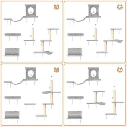 NUNU LAB Cat Wall Shelves Set, 7 Pcs Wall-Mounted Cat Climber with Cat House, Tunnel, Bridge, Scratching Post, Hammock, Wall Shelves, Gray