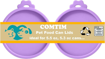 Comtim Cat Food Can Covers Lids for 5.5 oz Cans, 2 Pack Silicone Cat Food Can Lids for 5.5 oz 5.3 oz Cans...Pet Food Can Covers Reusable Can Toppers Savers for Wet Food (Lilac purple)