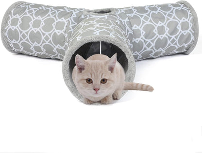 LUCKITTY Geometric 3 Way Cat Tunnel with Plush Inside,Cats Toys Collapsible Tunnel Tube with Balls, for Rabbits, Kittens, Ferrets,Puppy and Dogs