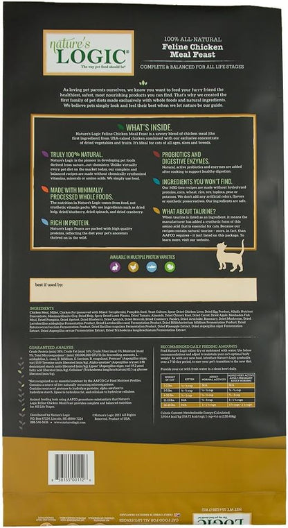 Nature's Logic Feline Chicken Meal Feast Cat Food - High-Protein Dry Food for Cats, 100% Natural Nutrition with Probiotics & Prebiotics - All Life Stages - Chicken, 15.4lbs