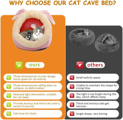 Lcybem Cat Beds for Indoor Cats - Rabbit-Shaped Cat Cave Bed with Hanging Toy,Super Soft Calming cat Tent for Kitten&Puppy,Small Dog,Warm Plush&Machine Washable&Removable Cotton Pad (Pink L)
