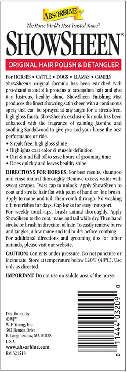 Absorbine ShowSheen Finishing Mist, Streak-Free Shine for Horses, Dogs, Livestock, 15oz