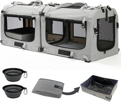 Extra Large Cat Carrier Soft Sided, Portable Small Dog Carrier for 2 Cats, 24"x16.5"x16" Car Travel Folding Comfortable Design with Litter Box and Bowls, Grey-2+ Litter Box+ Bowl*2