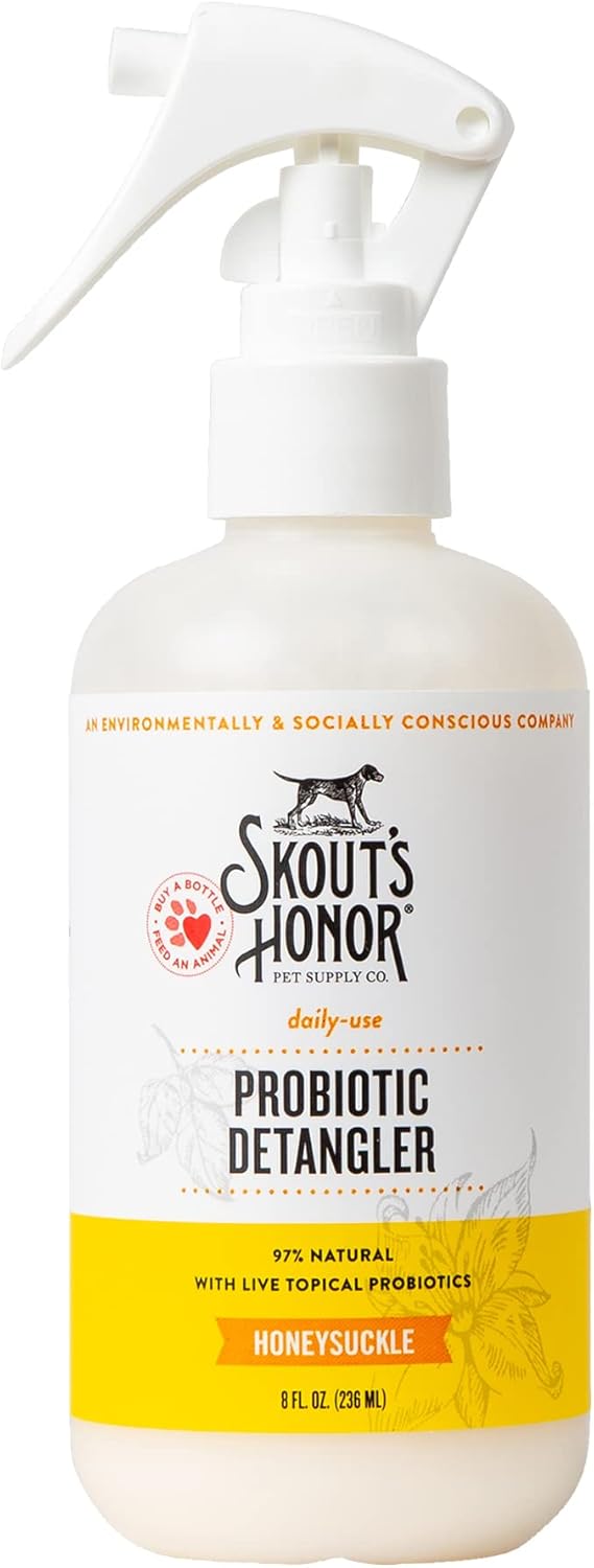 Skout's Honor Probiotic Pet Detangler Spray - Hydrating & Conditioning w/Avocado Oil, 97% Natural, Paraben & Sulfate-Free, softens for a More brushable Coat, Daily Use, 8oz, Honeysuckle
