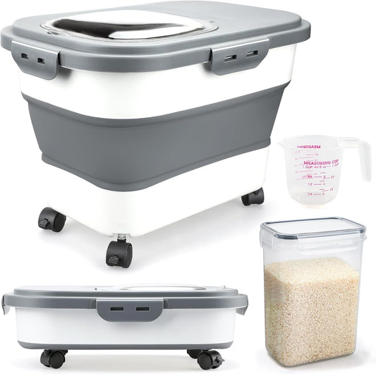 Rice Storage Containers, Collapsible 20 to 30Lbs Food Storage Bin Dispenser with Rolling Wheel and Clear Airtight Lid, BPA Free Flour, Sugar, Cereal and Dog Cat Pet food Containers