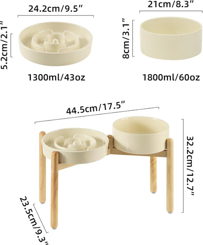 Ceramic Raised Slow Feeder Dog Bowl Set, Elevated 8.2inch Bowl and 9.5inch Puzzle Slow Food Dish with Wooden Stand for Large Dog, Anti-Gulping (2X Beige+ Stand)