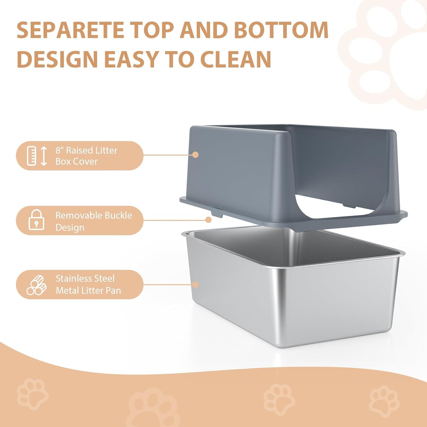 Large Stainless Steel Litter Box with Lid, High Sides, 16" Metal Cat Litter Box, Extra Large Litter Boxes for Big Cats, Tall Cat Litter Pan, Grey, Easy Clean