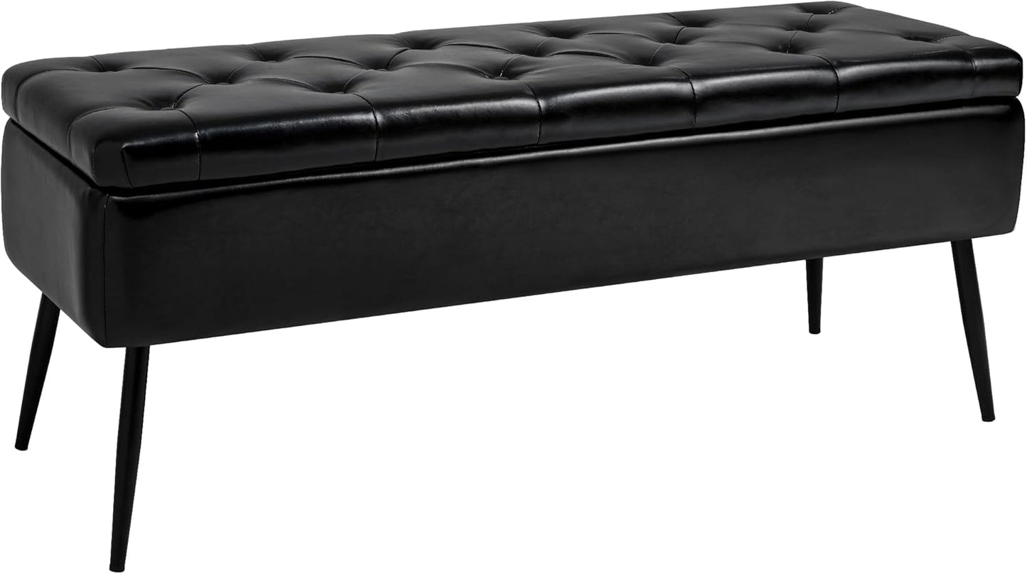 Leather Storage Ottoman Bench,End of Bed Bench for Living Room Bedroom Dinning Room Entryway,Mid-Century Modern,Faux Leather,with Steel Legs,Safety Hinges, Loads 660 lb (with Button, Black)
