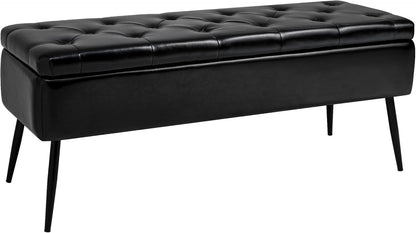 Leather Storage Ottoman Bench,End of Bed Bench for Living Room Bedroom Dinning Room Entryway,Mid-Century Modern,Faux Leather,with Steel Legs,Safety Hinges, Loads 660 lb (with Button, Black)