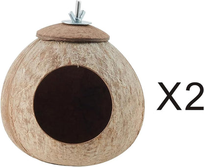 Bird Nest for Cage Natural Coconut Shell Birds House 2 Pack Parakeet Hide Breeding Hut Bird Cage Accessories & Decor Hamster Toys for Parrot Lovebirds Budgies Cockatiel Conure Finch Canary