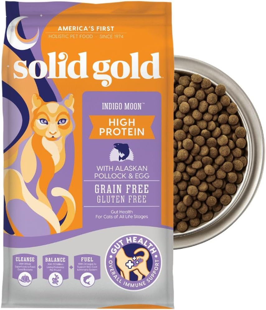 Solid Gold High Protein Dry Cat Food - Grain Free & Gluten Free Alaskan Pollock Cat Dry Food w/Probiotics for Gut Health & Digestion - High Fiber & Omega 3 - Low Carb Superfood Kibble - All Ages-12LB